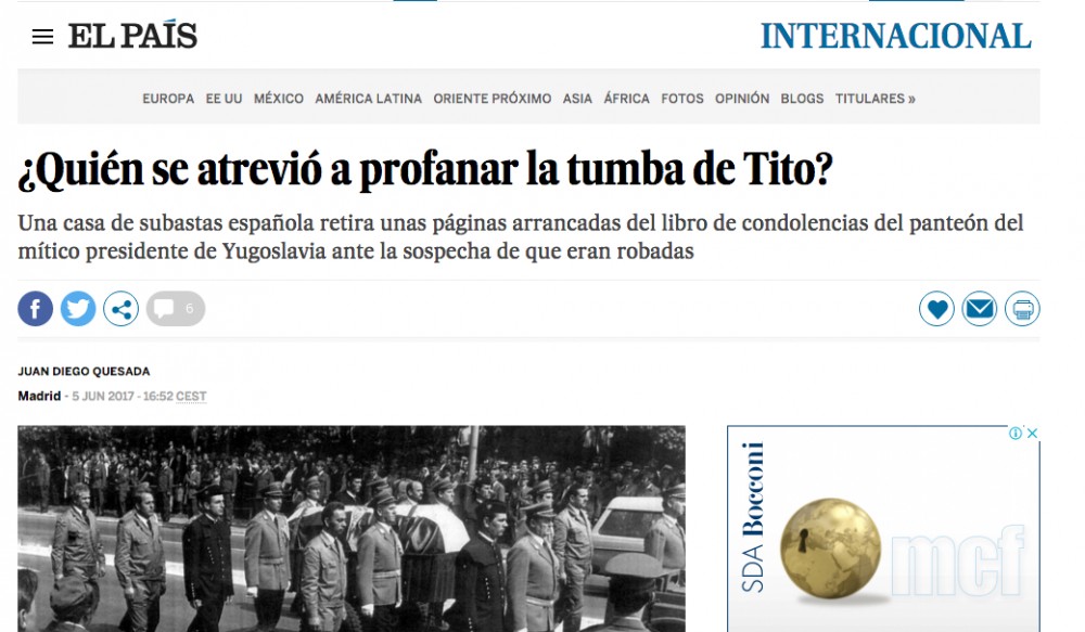Spanish El Pais about the case of stolen pages from Titos Mourning Book