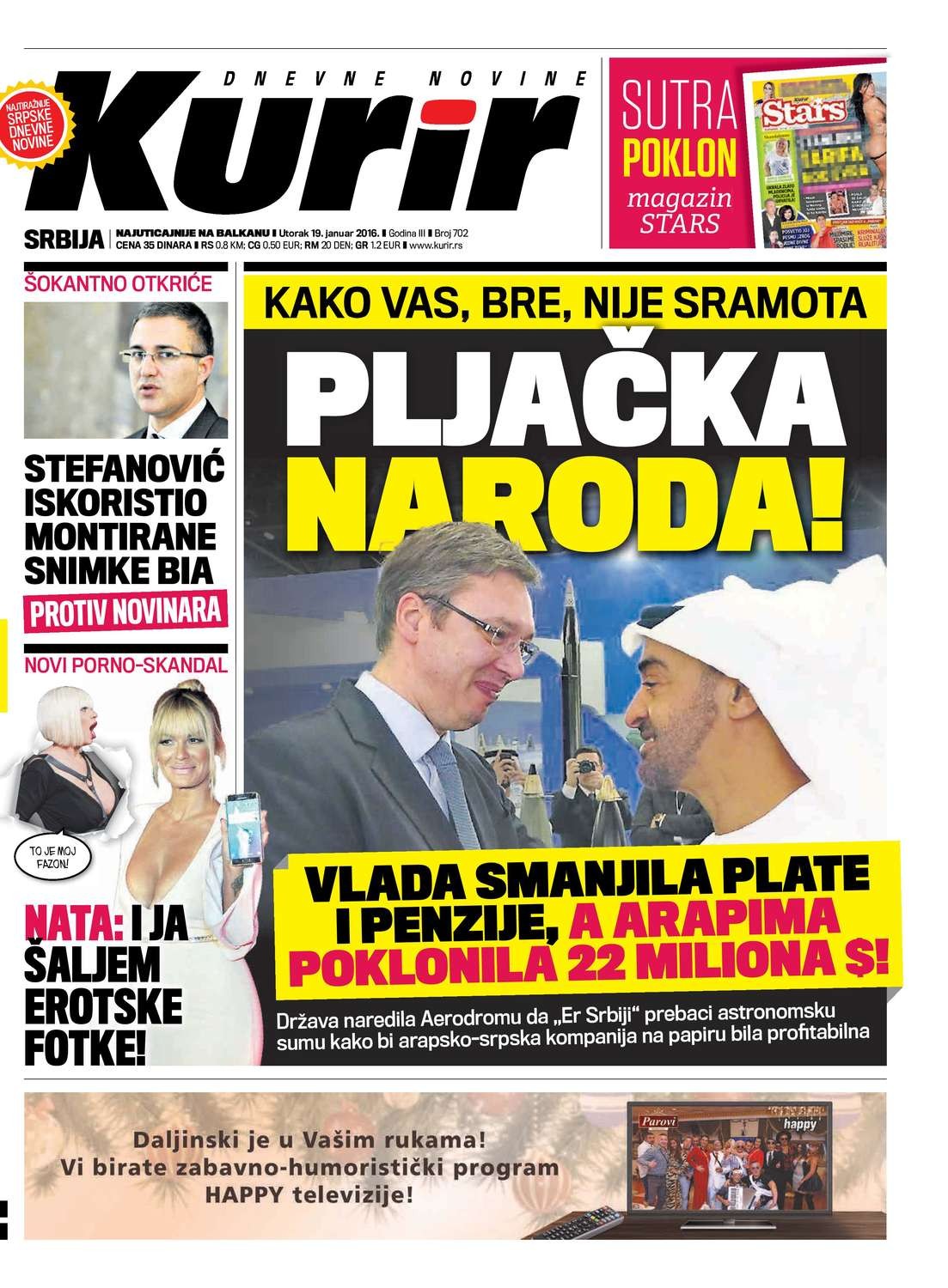 Naslovnica Kurira od 19. januara 2016: Primer kriminalizacije tadašnjeg predsednika Vlade Srbije Aleksandra Vučića