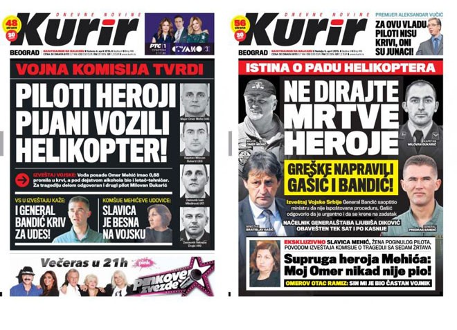 U izdanju od 4. aprila 2015. godine Kurir je najpre objavio informaciju o navodnom nalazu komisije da su stradali piloti helikoptera bili pijani, da bi već u narednom izdanju od 5. aprila uzeo u zaštitu poginule heroje od optužbi koje je prethodnog dana taj tabloid sam lansirao