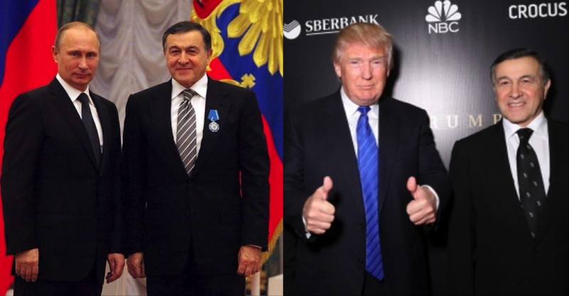 Ruski oligarh, Azerbejdžanac Aras Agalarov s Vladimirom Putinom u novembru 2013. godine kada je odlikovan Ordenom časti Rusije. Spominje se u medijima kao ’’posrednik’’ između Predsednika Rusije i Donalda Trampa (desno ) sa kojim se 2012. godine dogovorio da se Miss Universe 2013. godine održi u Moskvi. Za taj dogovor Trampu je plaćeno 20 miliona dolara. Agalarov je jedan od kraljeva nekretnina i šoping molova u Moskvi i vlasnik prve privatne stanice u mreži moskovskog metroa. Navodno je bio zagovornik izgradnje Trump Tower-a u Moskvi