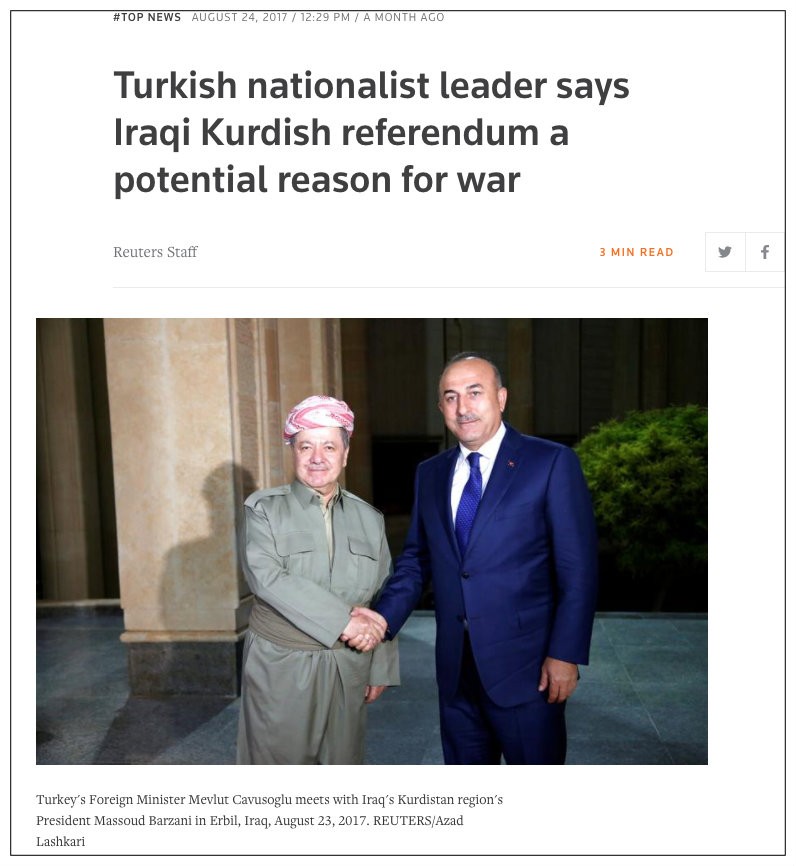 Šef turske diplomatije, Mevlut Čavušoglu, krajem avgusta je otišao za Irak da Barzaniju prenese zabrinutost Ankare.