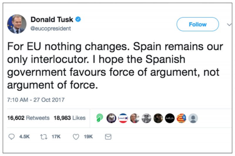 “Nadam se da španska Vlada preferira snagu argumenata a ne argumente sile”, jedini je savet koji je uputio predsednik Evropskog saveta Donald Tusk.