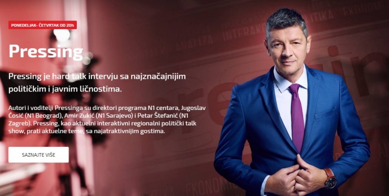 Emisija Pressing, koju iz beogradskog studija TV N1 vodi Jugoslav Ćosić, predstavlja oličenje neobjektivnosti, nametanja sugestivnih zaključaka, neizbalansiranosti i nepoštovanja standarda novinarske profesije