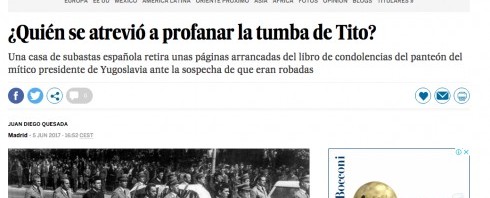 Spanish El Pais about the case of stolen pages from Titos Mourning Book